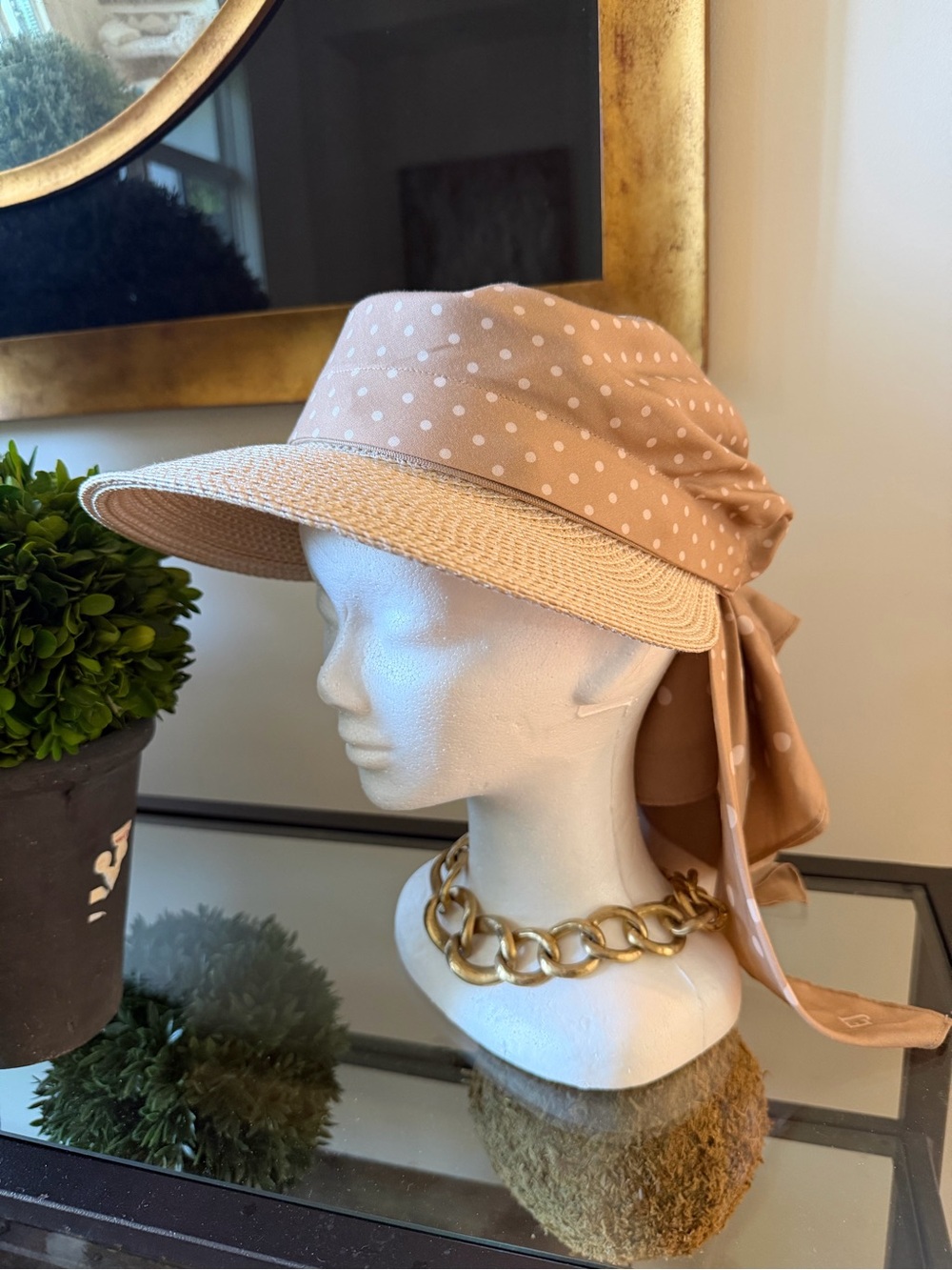 Eric Javits Beige Polka Dot Visor with Tie Scarf
